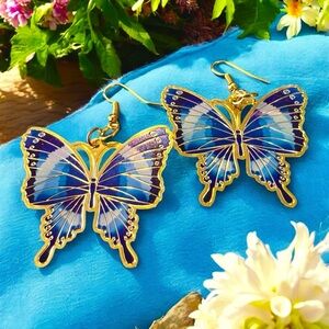 Blue and Gold toned super thin and light Butterfly Earrings